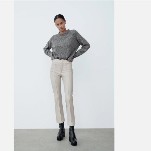 Zara Cream Faux Leather Mini Flare Pleated Pants Size S - Picture 1 of 14